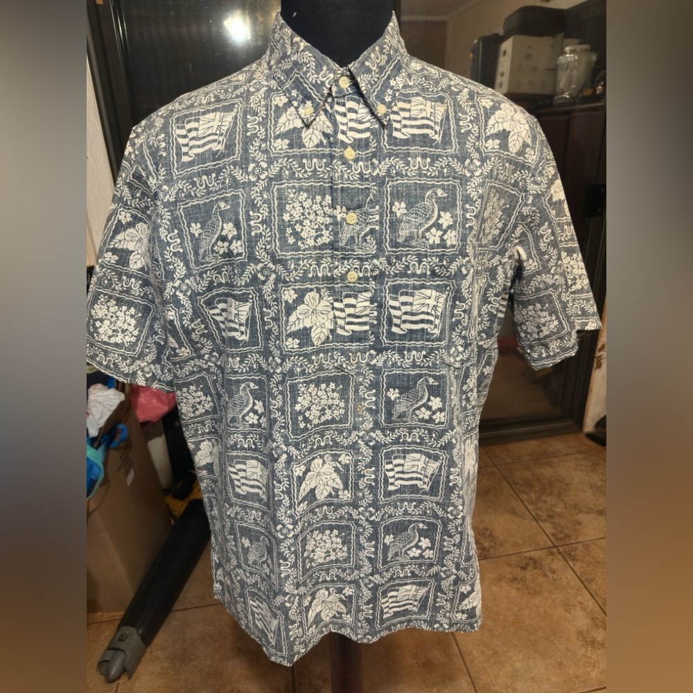 PreOwned Reyn Spooner Blue Hawaiian Print 3/4 Button Men's Large